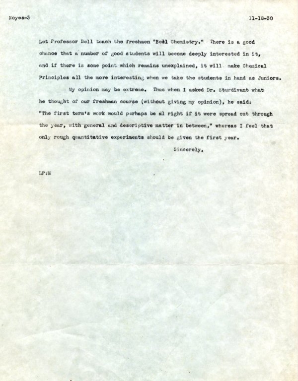 Letter from Linus Pauling to A.A. Noyes. Page 3. November 18, 1930