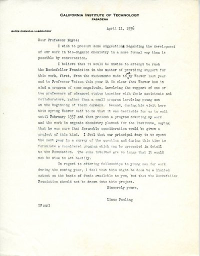 Letter from Linus Pauling to A.A. Noyes. Page 1. April 11, 1936