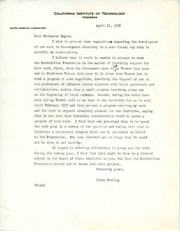 Letter from Linus Pauling to A.A. Noyes. Page 1. April 11, 1936