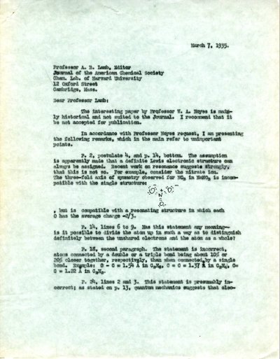 Letter from Linus Pauling to Arthur B. Lamb. Page 1. March 7, 1935