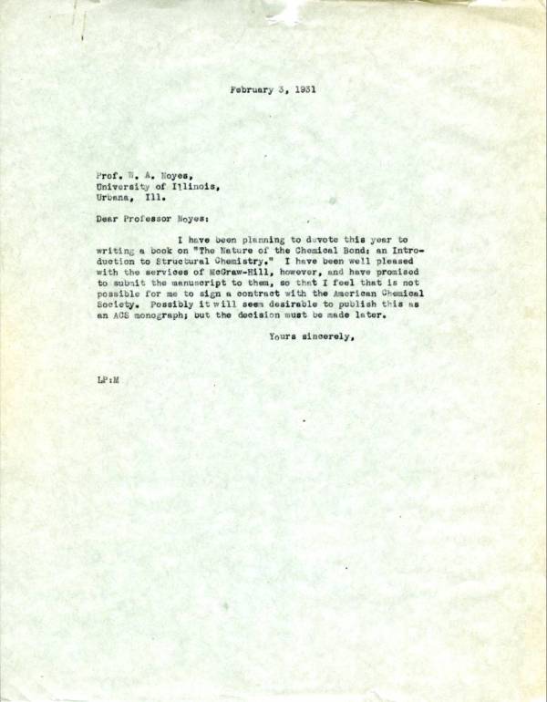 Letter from Linus Pauling to W.A. Noyes. Page 1. February 3, 1932