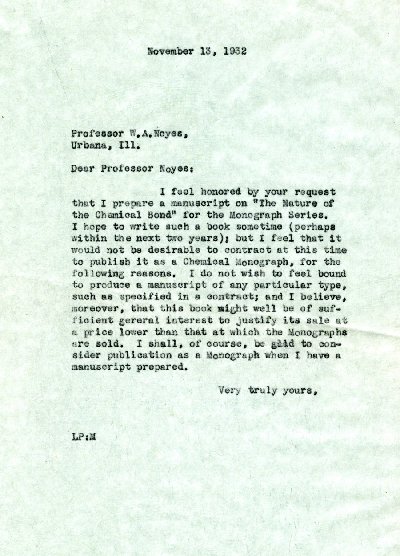Letter from Linus Pauling to W.A. Noyes. Page 1. November 13, 1932