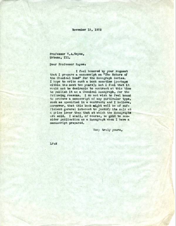 Letter from Linus Pauling to W.A. Noyes. Page 1. November 13, 1932