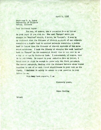 Letter from Linus Pauling to W.A. Noyes. Page 1. April 4, 1936