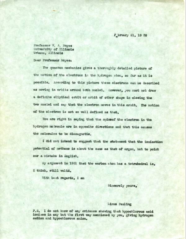 Letter from Linus Pauling to W.A. Noyes. Page 1. February 21, 1938