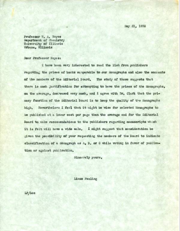 Letter from Linus Pauling to W.A. Noyes. Page 1. May 31, 1938