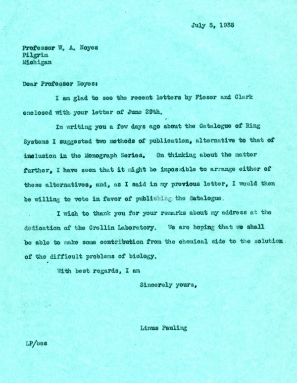 Letter from Linus Pauling to W.A. Noyes. Page 1. July 5, 1938