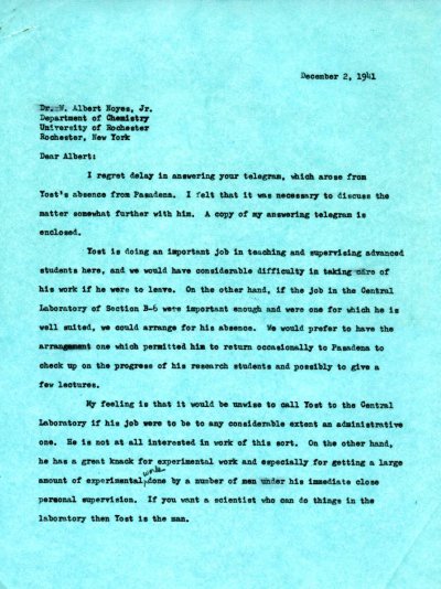 Letter from Linus Pauling to W.A. Noyes, Jr. Page 1. December 2, 1941