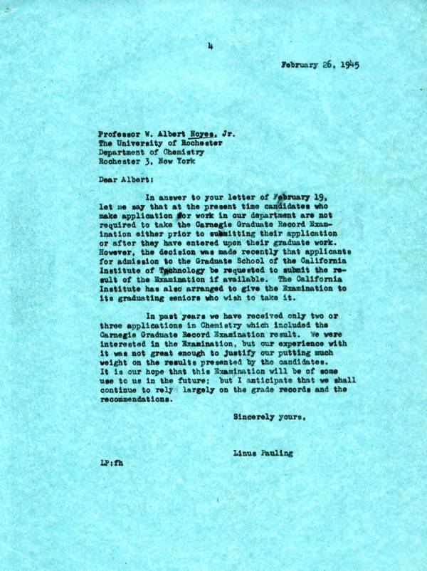 Letter from Linus Pauling to W.A. Noyes, Jr. Page 1. February 26, 1945