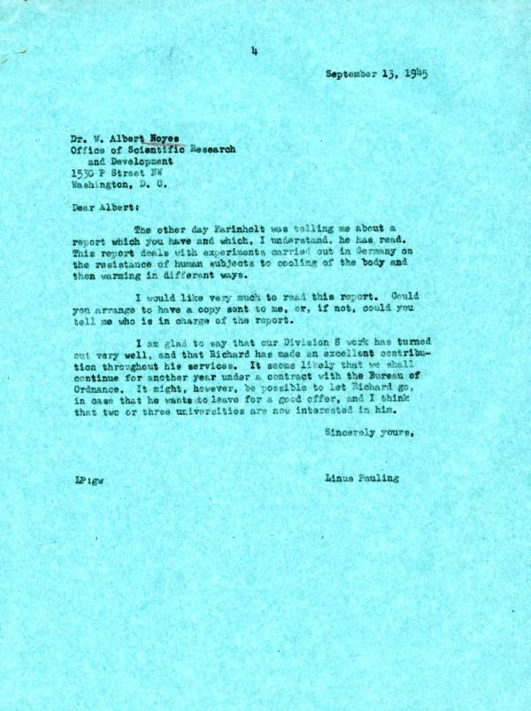 Letter from Linus Pauling to W.A. Noyes, Jr. Page 1. September 13, 1945