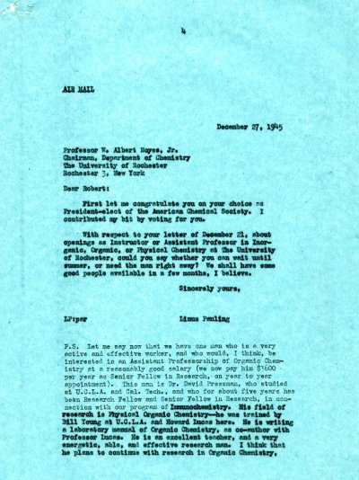 Letter from Linus Pauling to W.A. Noyes, Jr. Page 1. December 27, 1945
