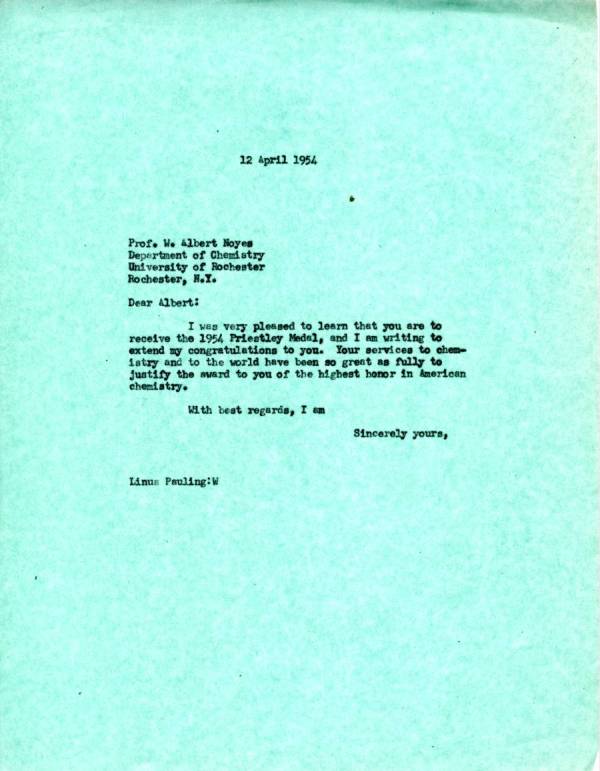 Letter from Linus Pauling to W.A. Noyes. Page 1. April 12, 1954