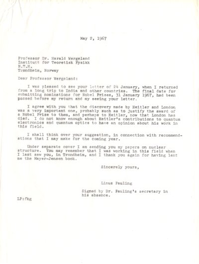 Letter from Linus Pauling to Harald Wergeland. Page 1. May 2, 1967
