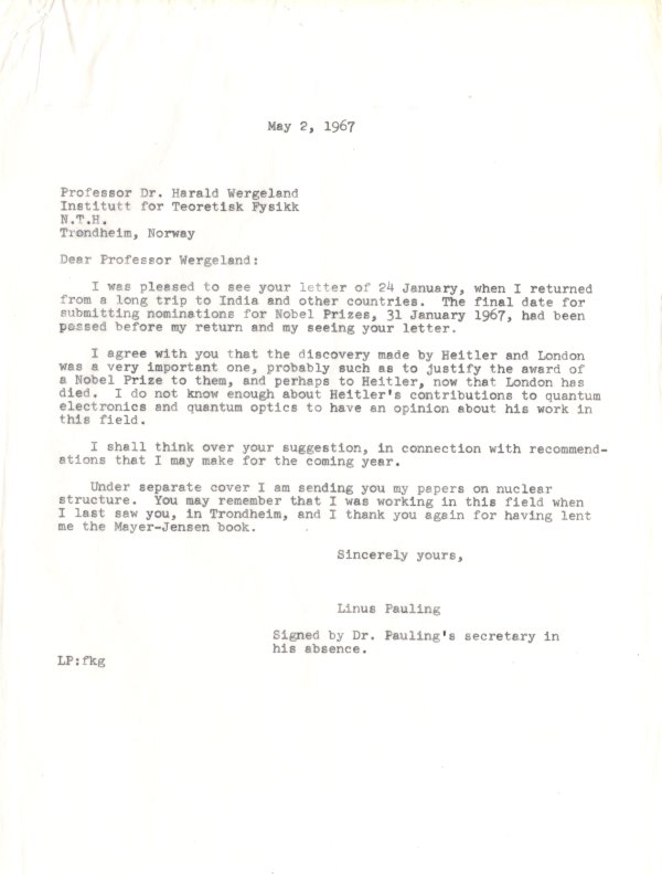 Letter from Linus Pauling to Harald Wergeland. Page 1. May 2, 1967
