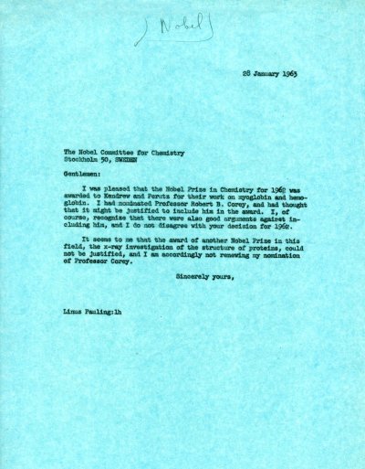 Letter from Linus Pauling to the Nobel Committee for Chemistry. Page 1. January 28, 1963
