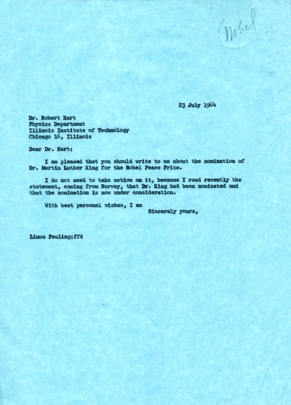 Letter from Linus Pauling to Robert Hart. Page 1. July 23, 1964