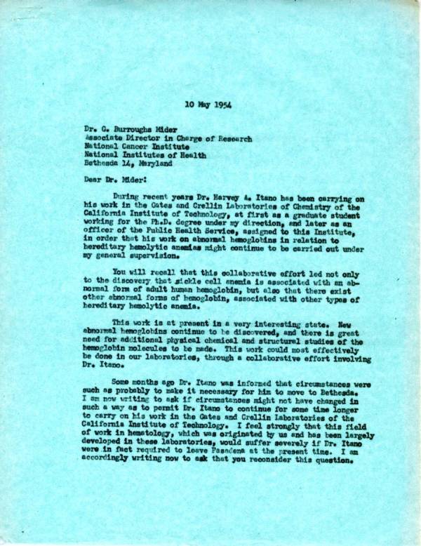 Letter from Linus Pauling to G. Burroughs Mider. Page 1. May 10, 1954
