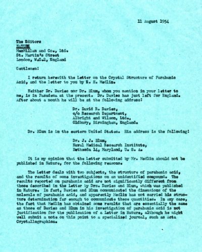 Letter from Linus Pauling to the editors of Nature. Page 1. August 11, 1954