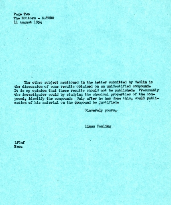 Letter from Linus Pauling to the editors of Nature. Page 2. August 11, 1954