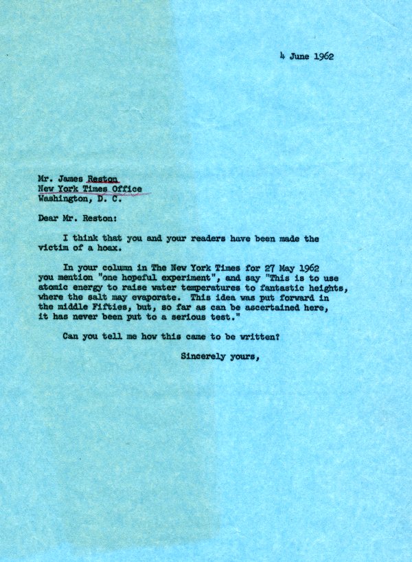 Letter from Linus Pauling to James Reston. Page 1. June 4, 1962