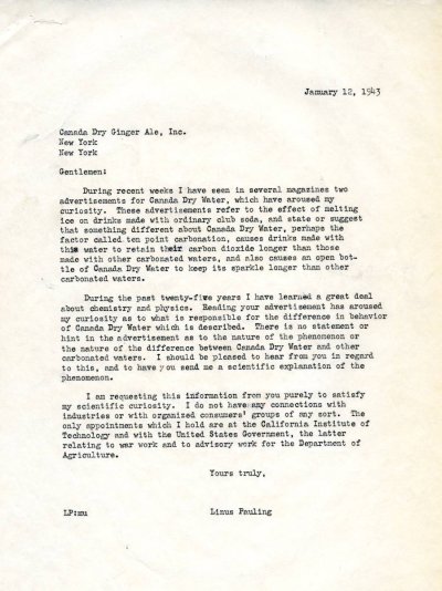 Letter from Linus Pauling to Canada Dry Ginger Ale, Inc. Page 1. January 12, 1943