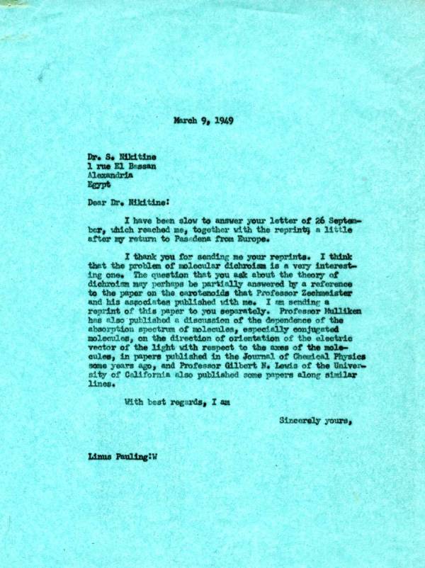 Letter from Linus Pauling to S. Nikitine. Page 1. March 9, 1949