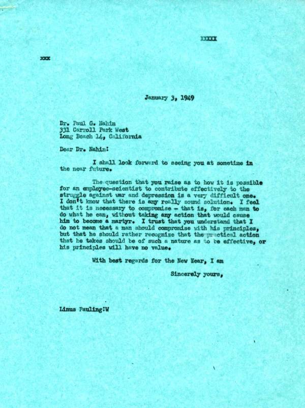 Letter from Linus Pauling to Paul G. Nahin. Page 1. January 3, 1949