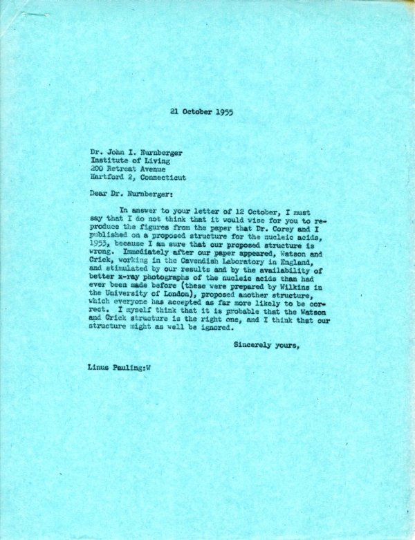 Letter from Linus Pauling to John I. Nurnberger. Page 1. October 21, 1955