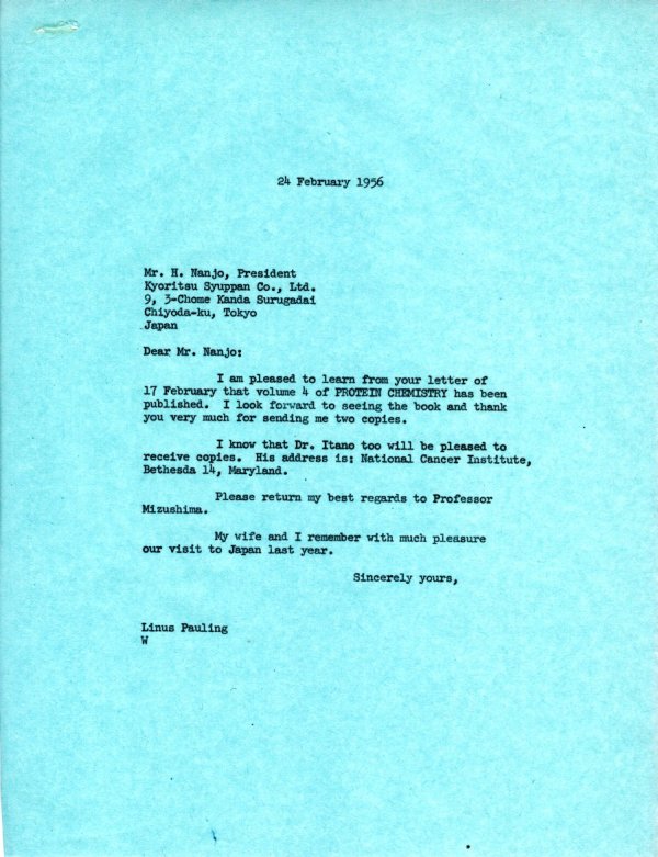 Letter from Linus Pauling to H. Nanjo. Page 1. February 24, 1956