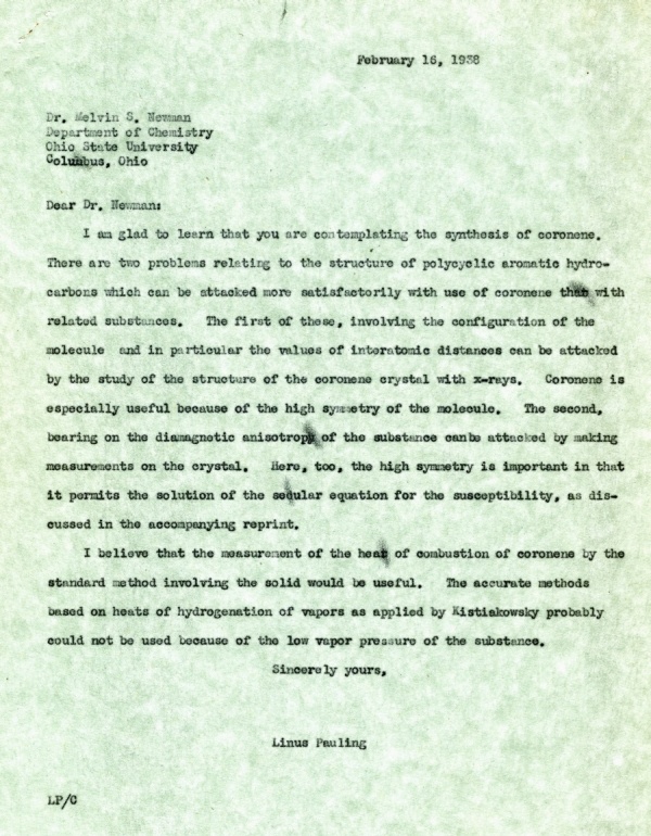 Letter from Linus Pauling to Melvin S. Newman. Page 1. February 16, 1938