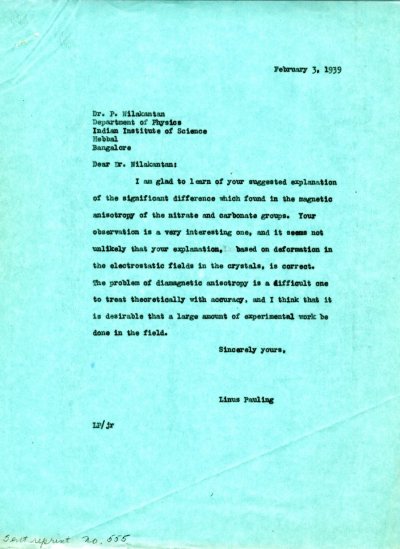 Letter from Linus Pauling to P. Nilakantan. Page 1. February 3, 1939