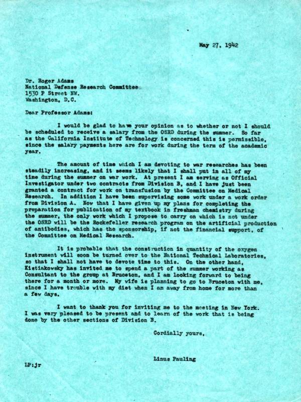 Letter from Linus Pauling to Roger Adams. Page 1. May 27, 1942
