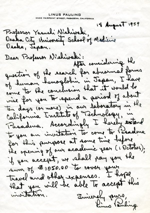Letter from Linus Pauling to Yasushi Nishiwaki. Page 1. August 18, 1959