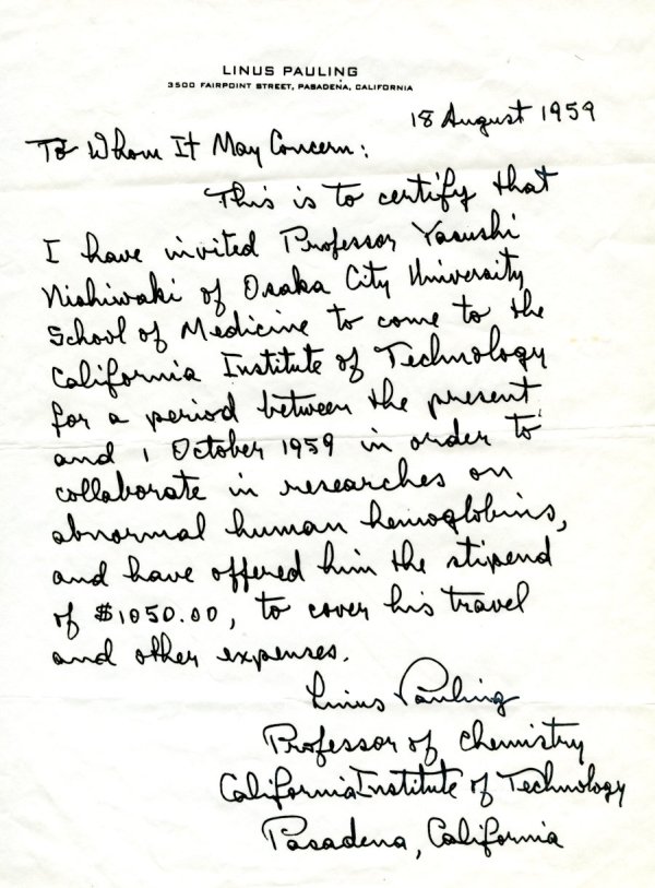 Letter from Linus Pauling to Yasushi Nishiwaki. Page 2. August 18, 1959
