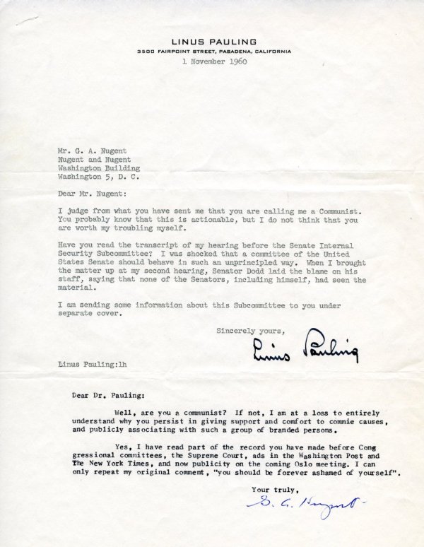Letter from Linus Pauling to G. A. Nugent. Page 1. November 1, 1960