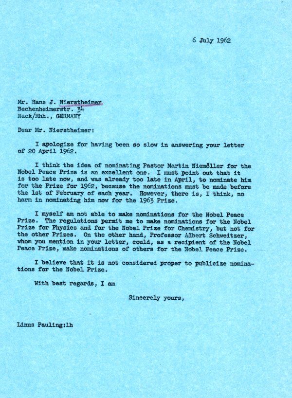 Letter from Linus Pauling to Hans J. Nierstheimer. Page 1. July 6, 1962