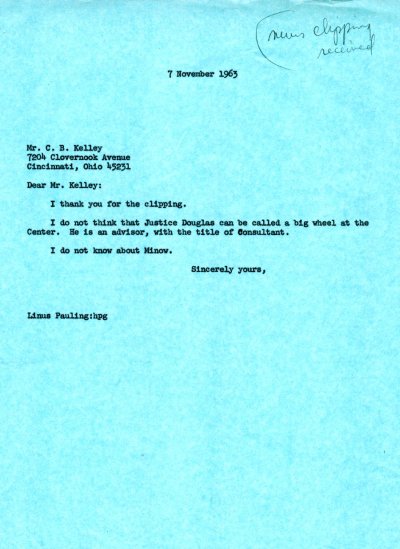 Letter from Linus Pauling to C. B. Kelley. Page 1. November 7, 1963