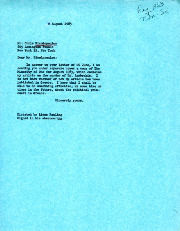 Letter from Linus Pauling to Chris Nicolopoulos. Page 1. August 6, 1963