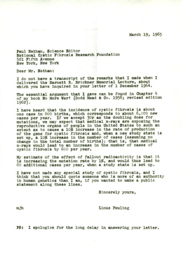 Letter from Linus Pauling to Paul Nathan. Page 1. March 18, 1965