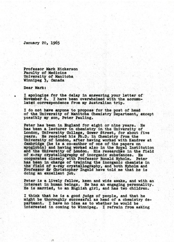 Letter from Linus Pauling to Mark Nickerson. Page 1. January 20, 1965