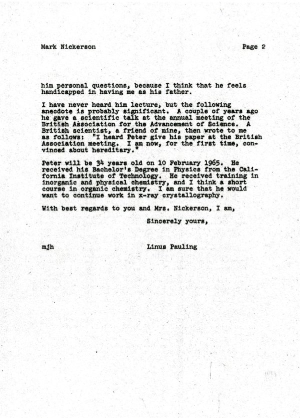Letter from Linus Pauling to Mark Nickerson. Page 2. January 20, 1965