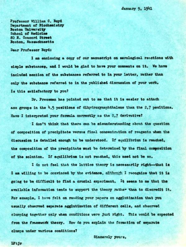 Letter from Linus Pauling to William C. Boyd. Page 1. January 9, 1941