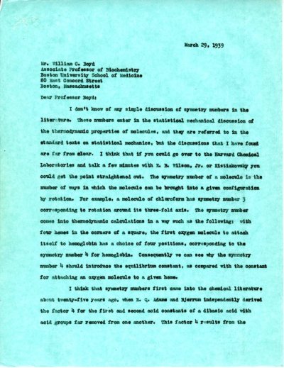 Letter from Linus Pauling to William C. Boyd Page 1. March 29, 1939