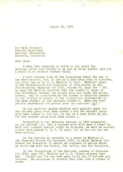 Letter from Linus Pauling to Mark Oliphant. Page 1. August 29, 1966