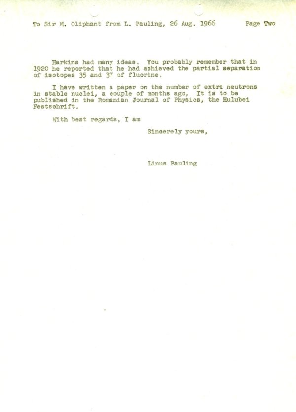 Letter from Linus Pauling to Mark Oliphant. Page 2. August 29, 1966