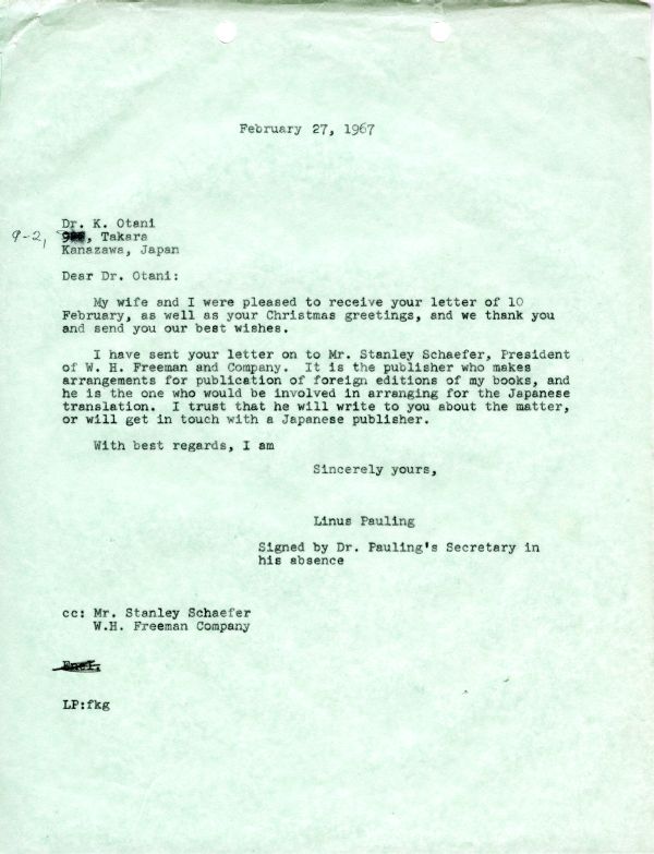 Letter from Linus Pauling to Kanji Otani. Page 1. February 27, 1967
