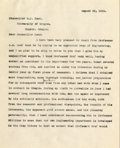 Letter from Linus Pauling to William Jasper Kerr. Page 1. August 22, 1933