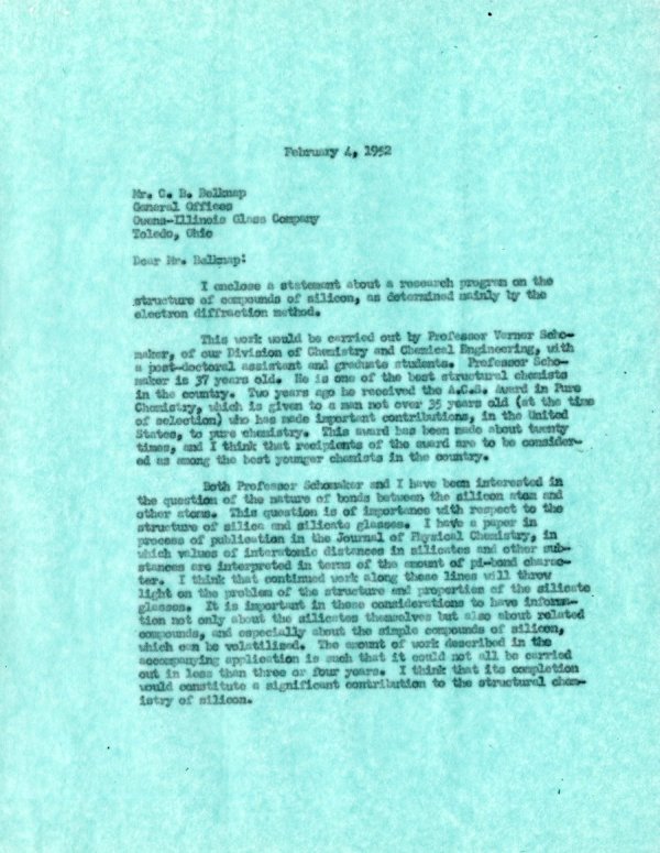 Memorandum from Linus Pauling to C.B. Belknap. Page 1. February 4, 1952