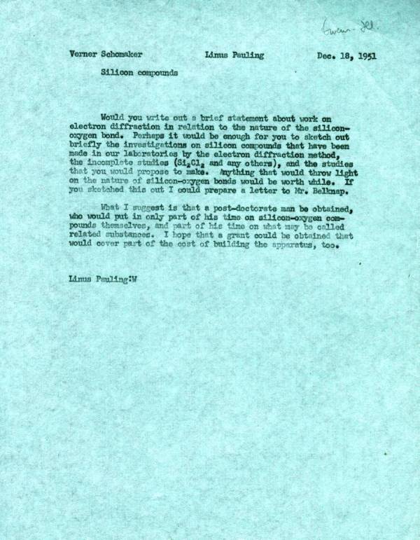 Memorandum from Linus Pauling to Verner Schomaker. Page 1. December 18, 1951