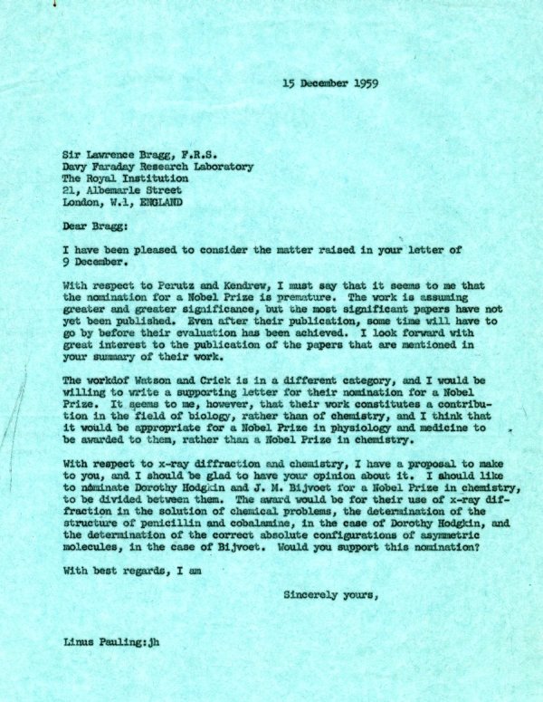 Letter from Linus Pauling to W.L. Bragg. Page 1. December 15, 1959